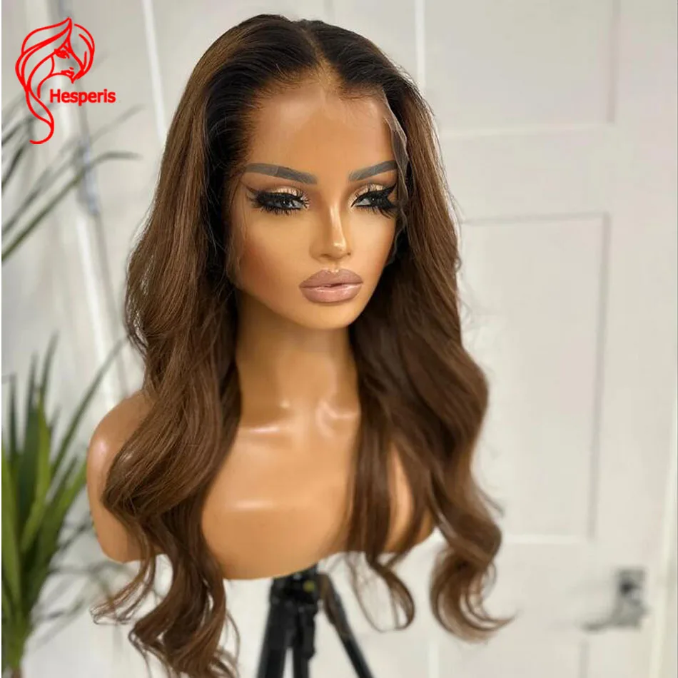 

Hesperis Rooted Auburn Human Hair 13 by 6 Lace Front Wig Bleached Knots Preplucked Hairline Body Wave Ombre Human Hair Wigs