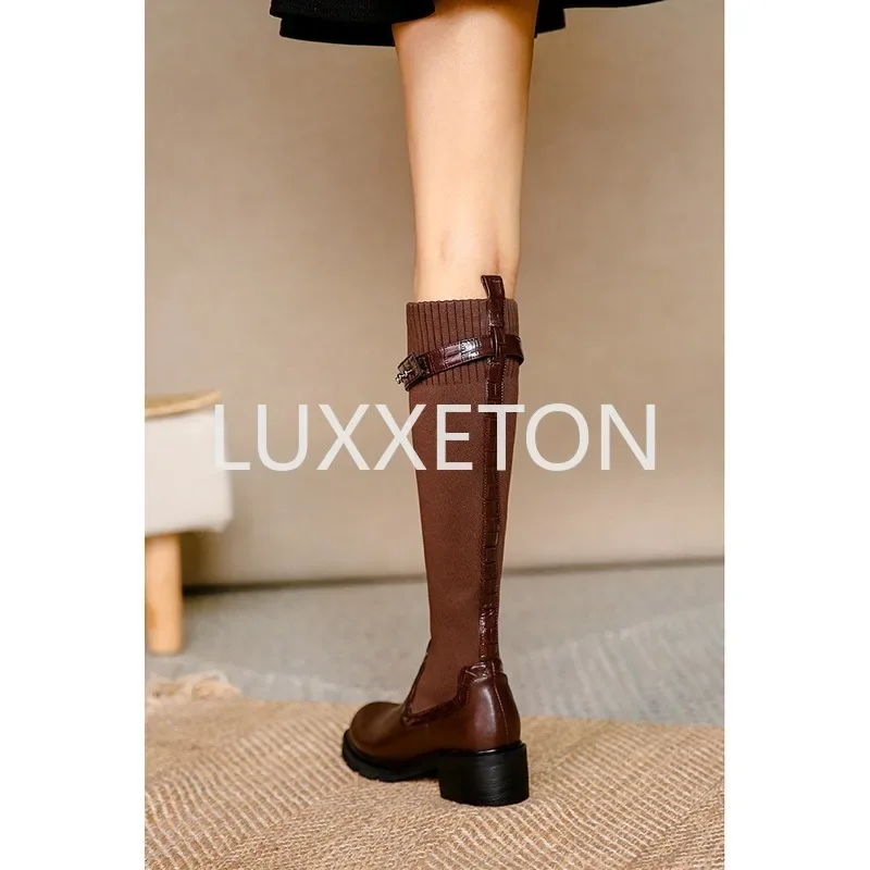 Comemore Sock Boots Women 2024 Winter Knee High Knitting Warm High Boot High Heels Weave Casual Designer Chunky Motorcycle Botas