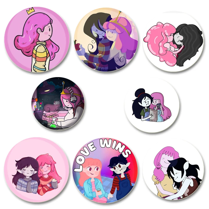 Broche con estampado HD de Adventure Time, insignia de Anime, figura de dibujos animados, princesa Bubblegum Marceline, broches de exhibición redondos, alfileres de solapa, joyería