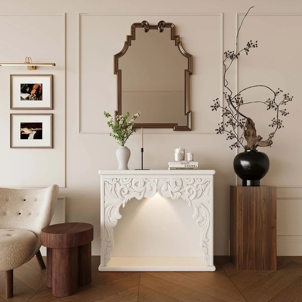 

French cream living room carved decorative cabinet retro decoration European entrance rack