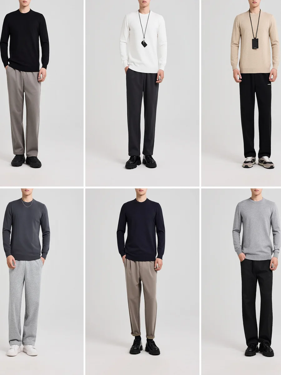 ملابس تريكو دائرية للرجال لون نقي تصميم بسيط كاجوال طويل Sve لموسم الخريف مزيج بوليستر مريح #5