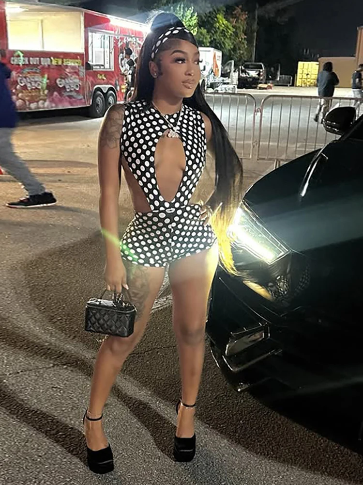 

Sisterlinda Sexy Polka Dot 2 Piece Set Women Side Split Sleeveless Bandage Bodysuit+Shorts Matching Hipster Party Clubwear Suits