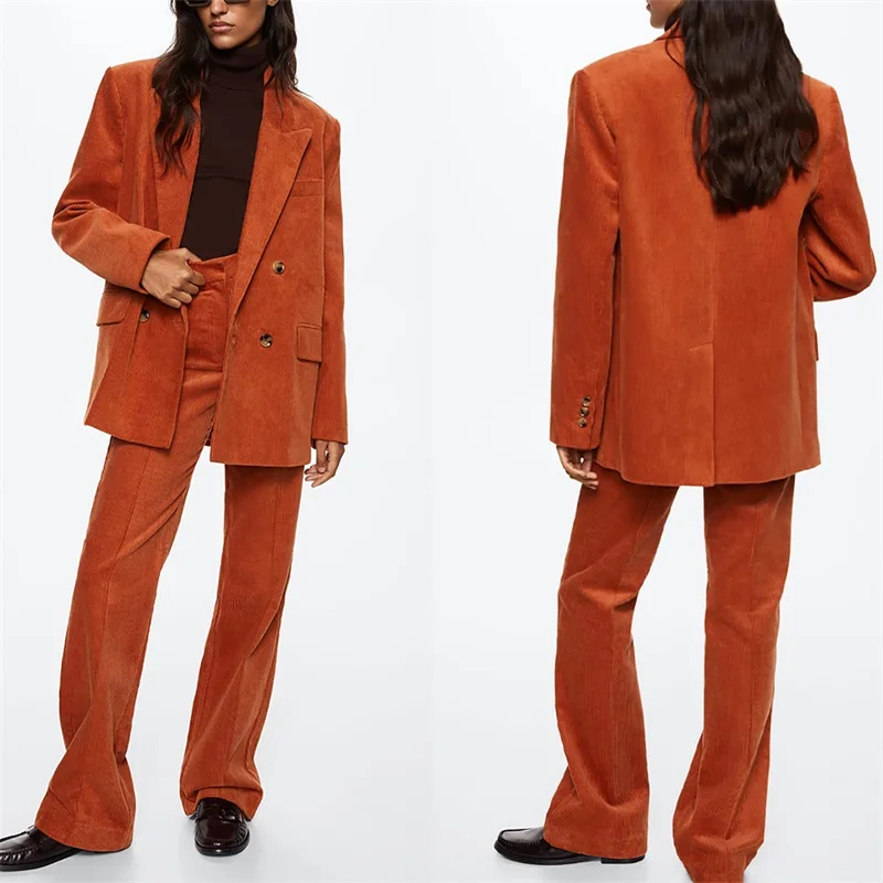 Winter Corduroy Vrouwen Pak Set Blazer + Broek Formele Kantoor Zakelijke Dame Prom Jurk Double Breasted Jas Jas Женский Костюм