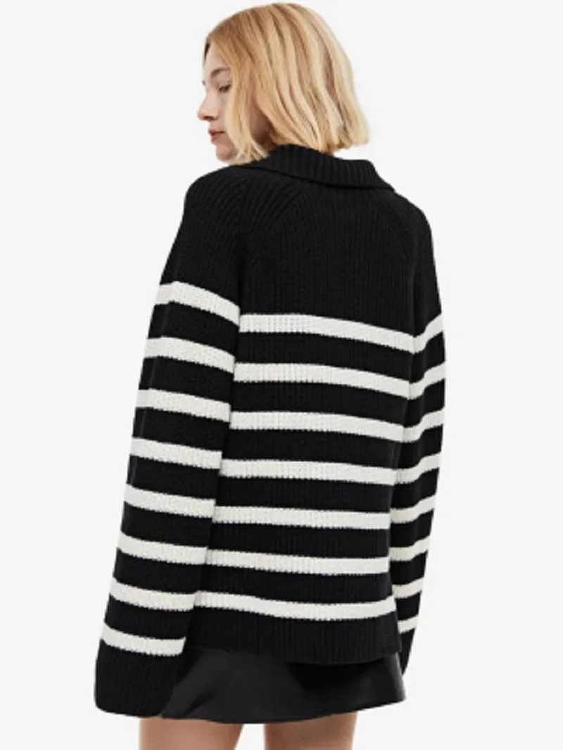 Fashion Women\'s Loose Striped Knitted Sweaters Quarter Zip-up Lapel Sweatshirt Long Sleeve Female Pullovers Chic Knitwear Tops