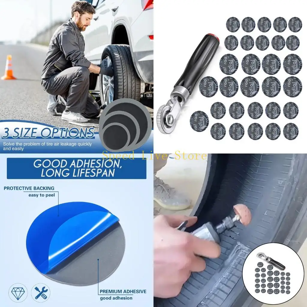 547C Strong 31Pcs Tire Patches with Reinforced Rubber Patches & Steel Roller Tire Puncture Repair for Reliable Repairs