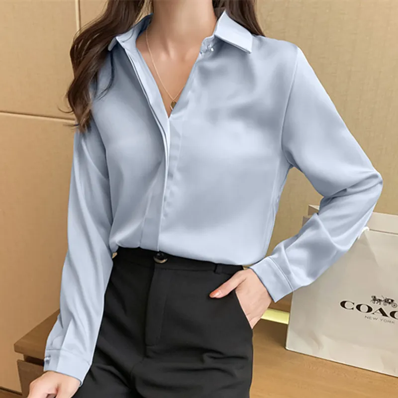 2023 Autumn Women\'s Shirts Satin Blouse for Women Long Sleeve Shirt Silk White Shirt OL Woman Solid Blouses Pullover Ladies Tops