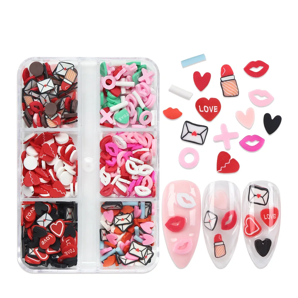 

6 Grids Kawaii Mixed Red Lips Love Heart Nail Art DIY Cure Charms Soft Clay Slice Valentine Nails Accessories Manicure Supplies