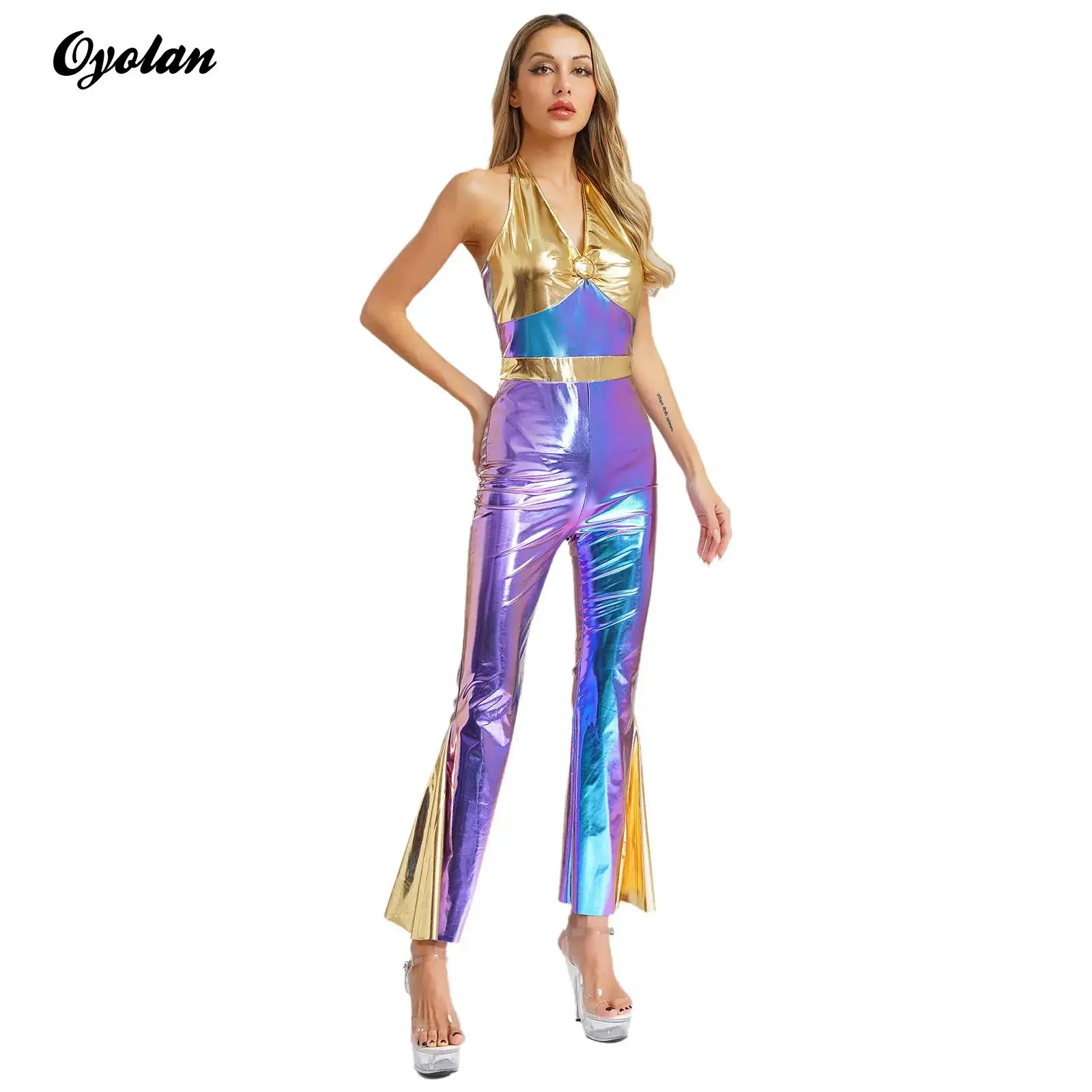 

Womens 70s 80s Disco Jazz Dance Performance Costume Halloween OutfitsShiny Metallic Halter High Waist Flared Unitards Jumpsuit