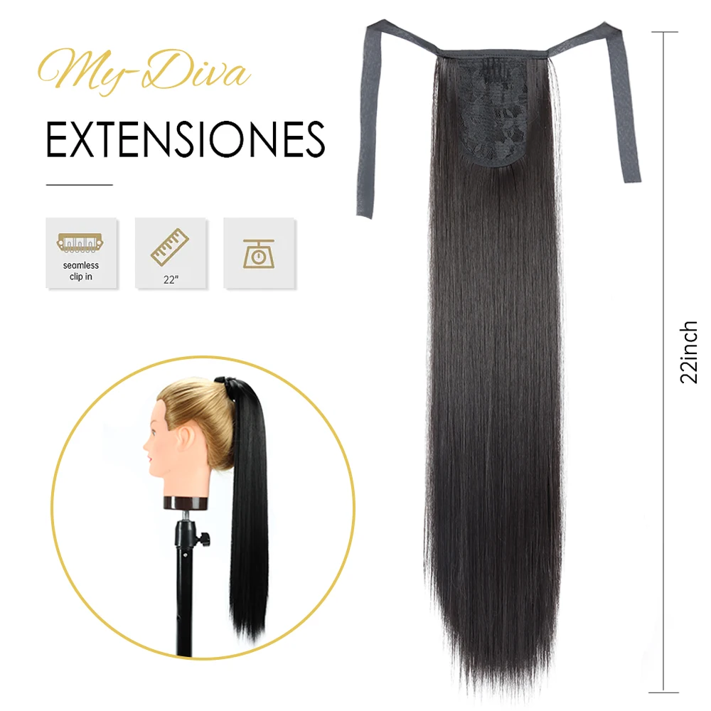 Cabelo sintético reto longo com rabo de cavalo, 22 \'\', 22\'\', resistente ao calor, peruca natural, cabelo falso, headwear