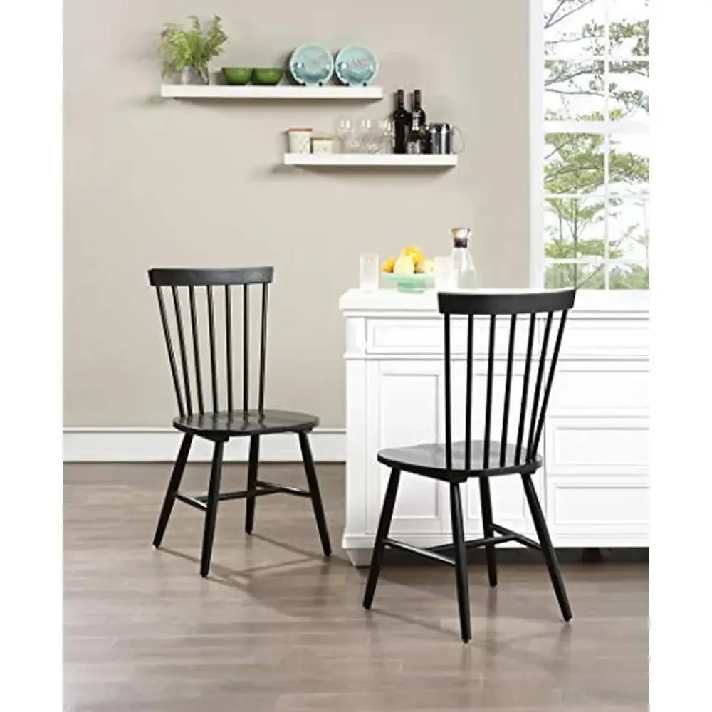 Traditional Windsor Style Solid Wood Dining Chairs 2-Pack Farmhouse Kitchen Table Black Lacquer Finish Tapered Legs Contoured