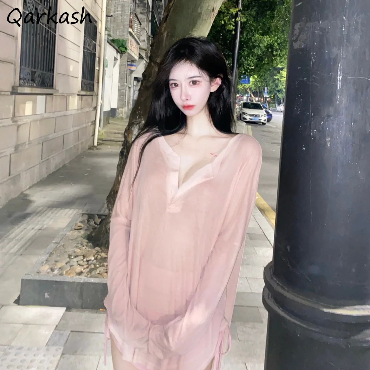 Long Sleeve T-Shirts Women Pink Summer Sweet Girls V-neck Side-slit Irregular Loose Korean Style Leisure Daily Ulzzang Cozy Ins