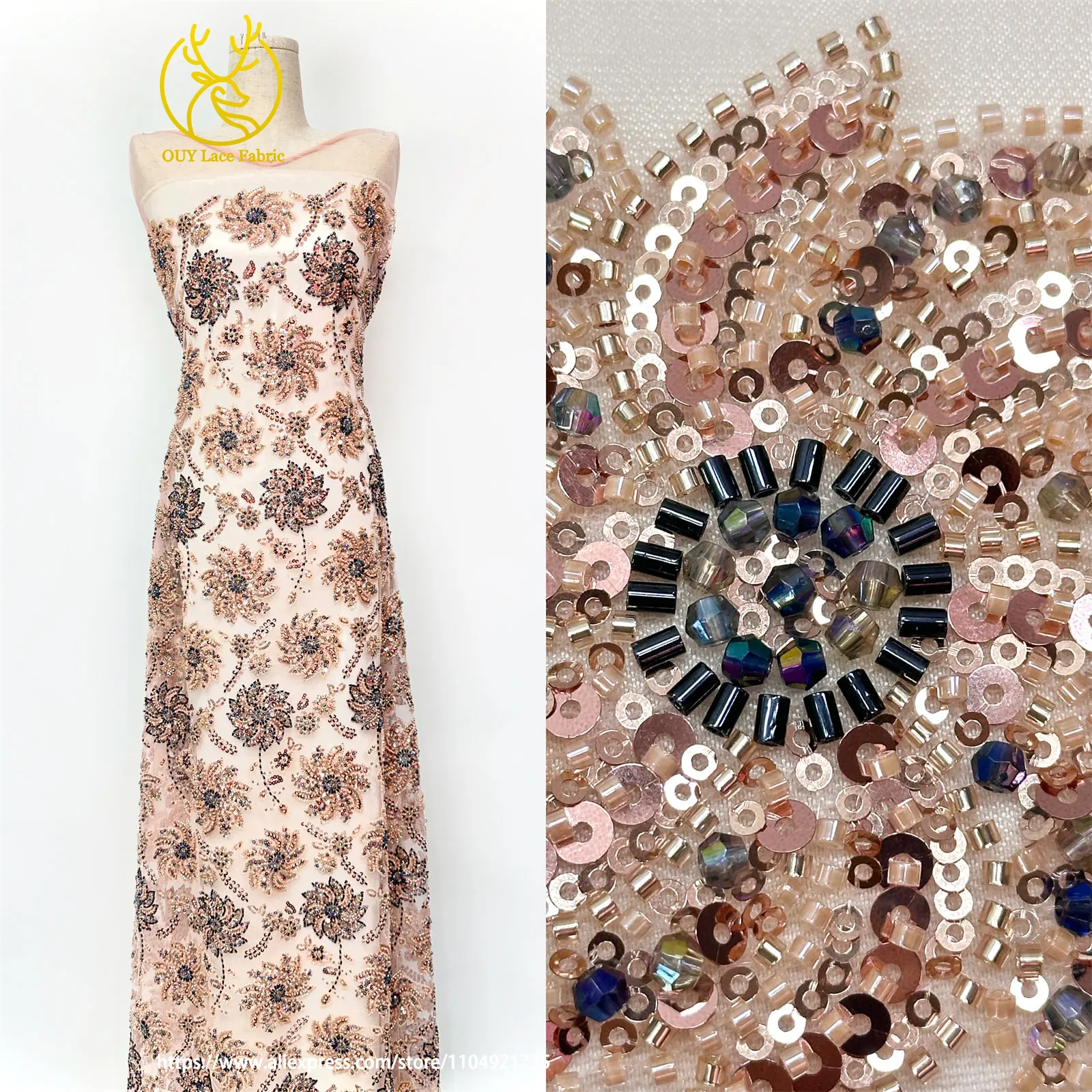 Tela de encaje Floral con cuentas pesadas africanas de lujo 2025, tela de encaje de lentejuelas de malla de tul francés rosa de alta calidad para vestidos de noche