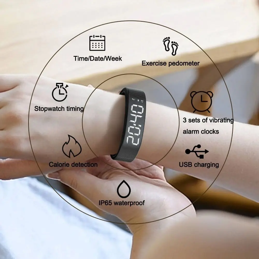 

LED Digital Alarm Clock Watch Waterproof Snooze-proof Fitness Wristbands Adjustable with Running Pedometer Vibrating Alarm