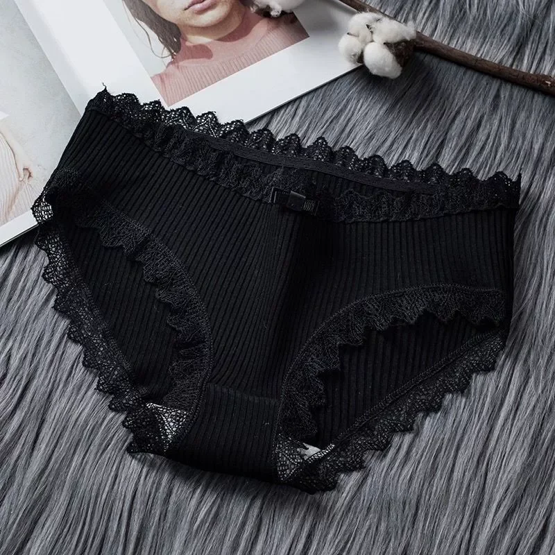 Cotton Sexy Lace Mid Waist Underwear Threaded Brief Solid Color Skin Friendly Ladies Underpant Breathable Fashion Casual Panties