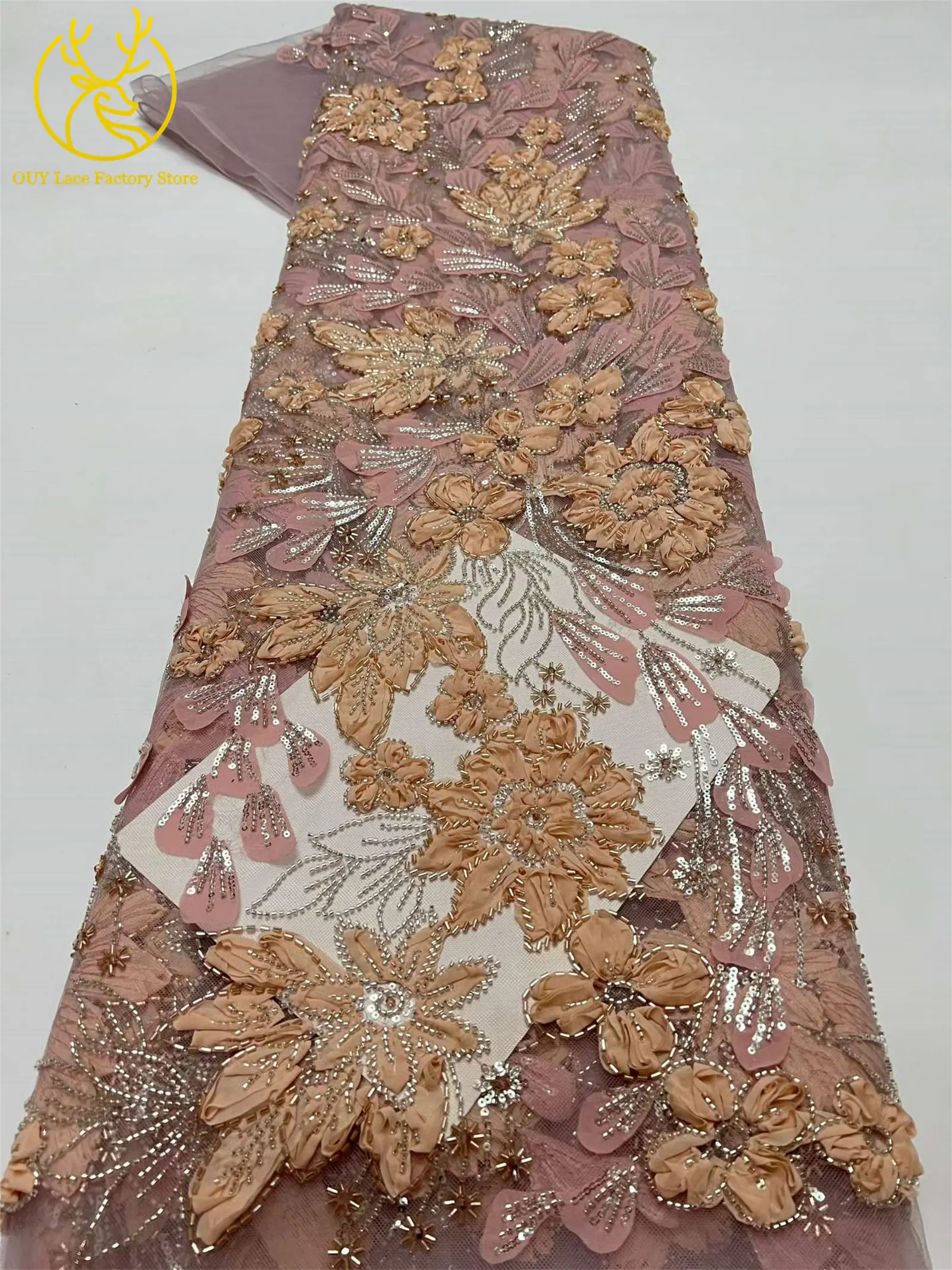 Exquisiter französischer Spitzenstoff mit Blumenstickerei und Pailletten, afrikanischer Perlen-Spitzenstoff für nigerianische Party- und Hochzeitskleider zum Nähen. – Detail 20