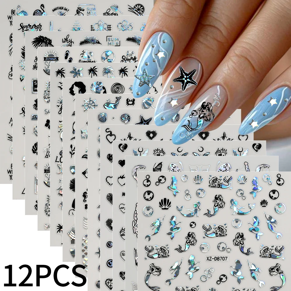 12Pcs Holographic Summer Ocean Themed Nail Stickers Mermaid Starfish Seashell Nail Decals Laser Silver Black Beach Nail Supplies view 2