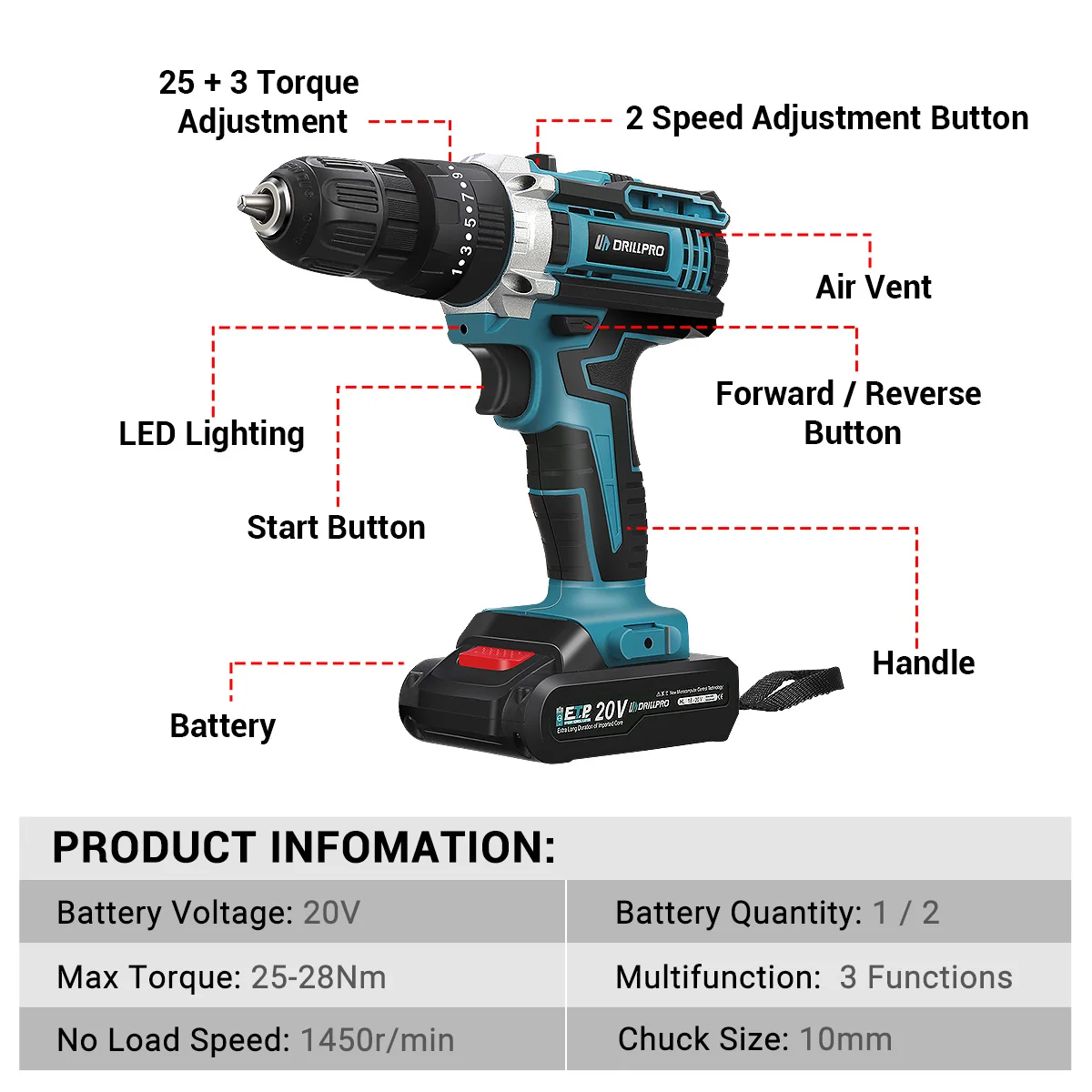 Drillpro 10MM Brushless Electric Drill 350N.M Cordless 25+3 Torque Screwdriver With Impact Function Drill Winter Ice Power Tools