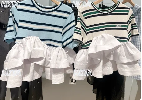 

Японская супер красивая уникальная полосатая футболка для женщин и девочек, футболка с круглым вырезом и короткими рукавами, новая летняя плиссированная кукольная рубашка с рюшами