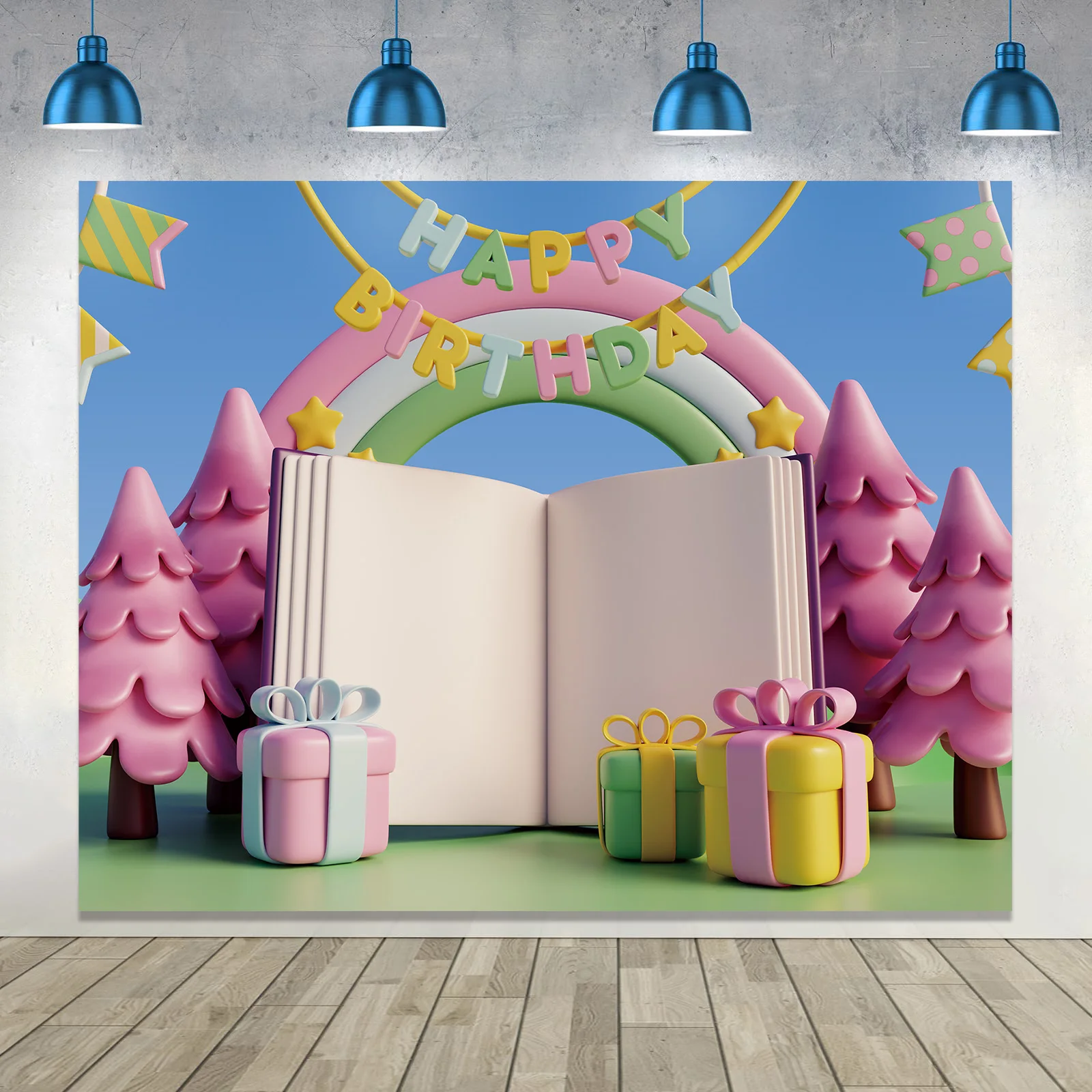 

1pc Happy Birthday Backdrop Banner with 3D Balloons & Rainbow - Polyester Photographic Background with Gift Boxes Design, Multip