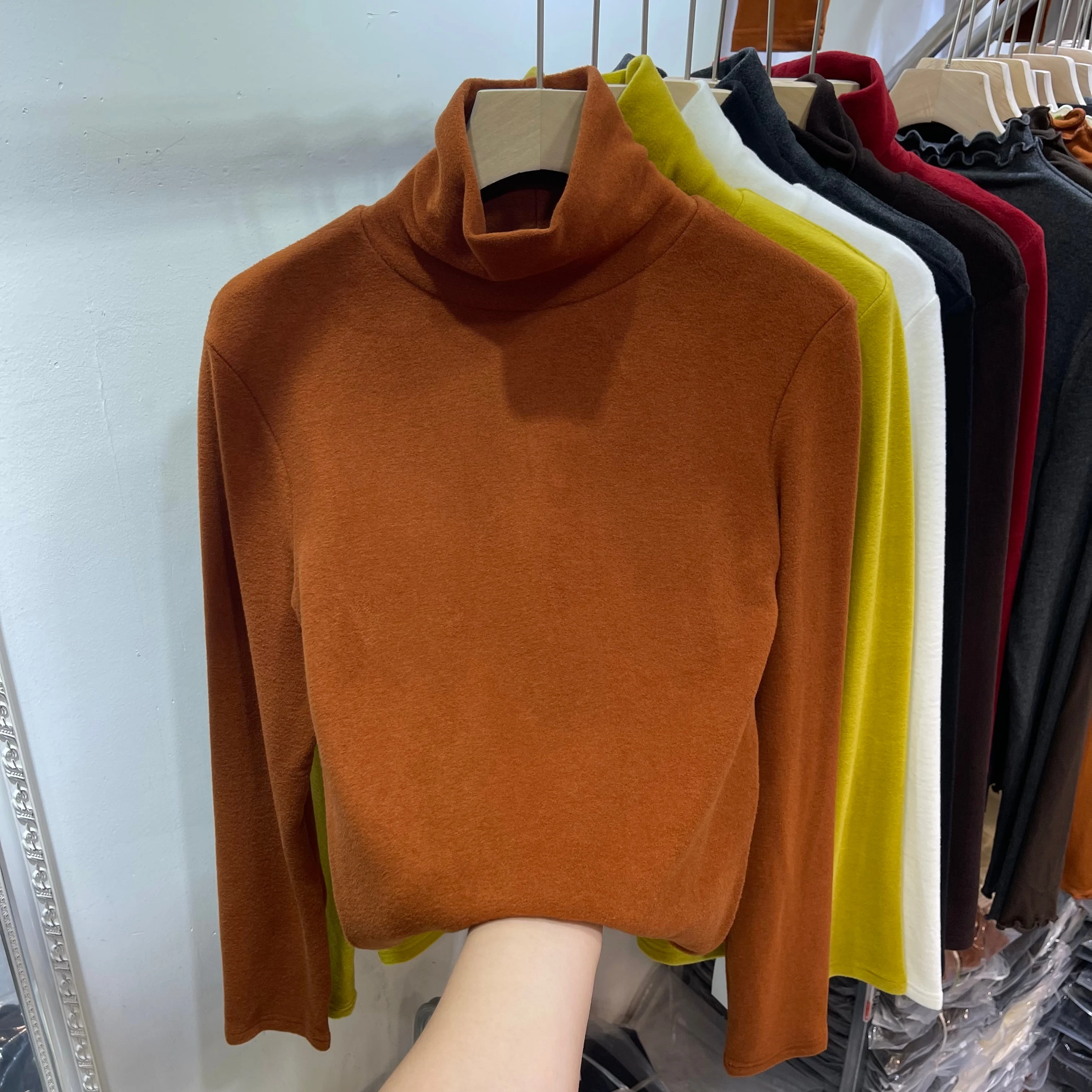 

Women Autumn Winter T Shirt Double Sided Fleece High Neck Long Sleeve Loose Soft Cozy Simple Versatile Base Shirt Style