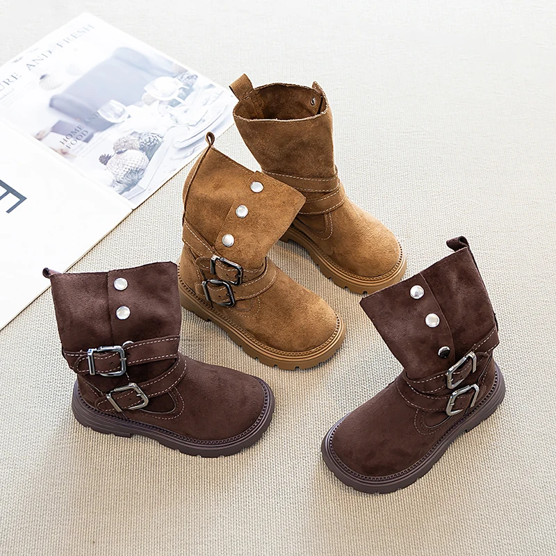 Little Girls Fashion Mid Calf Boots Autumn Winter Vintage Kids Platform Boots Outdoor Non-slip Children's Casual Suede Boots