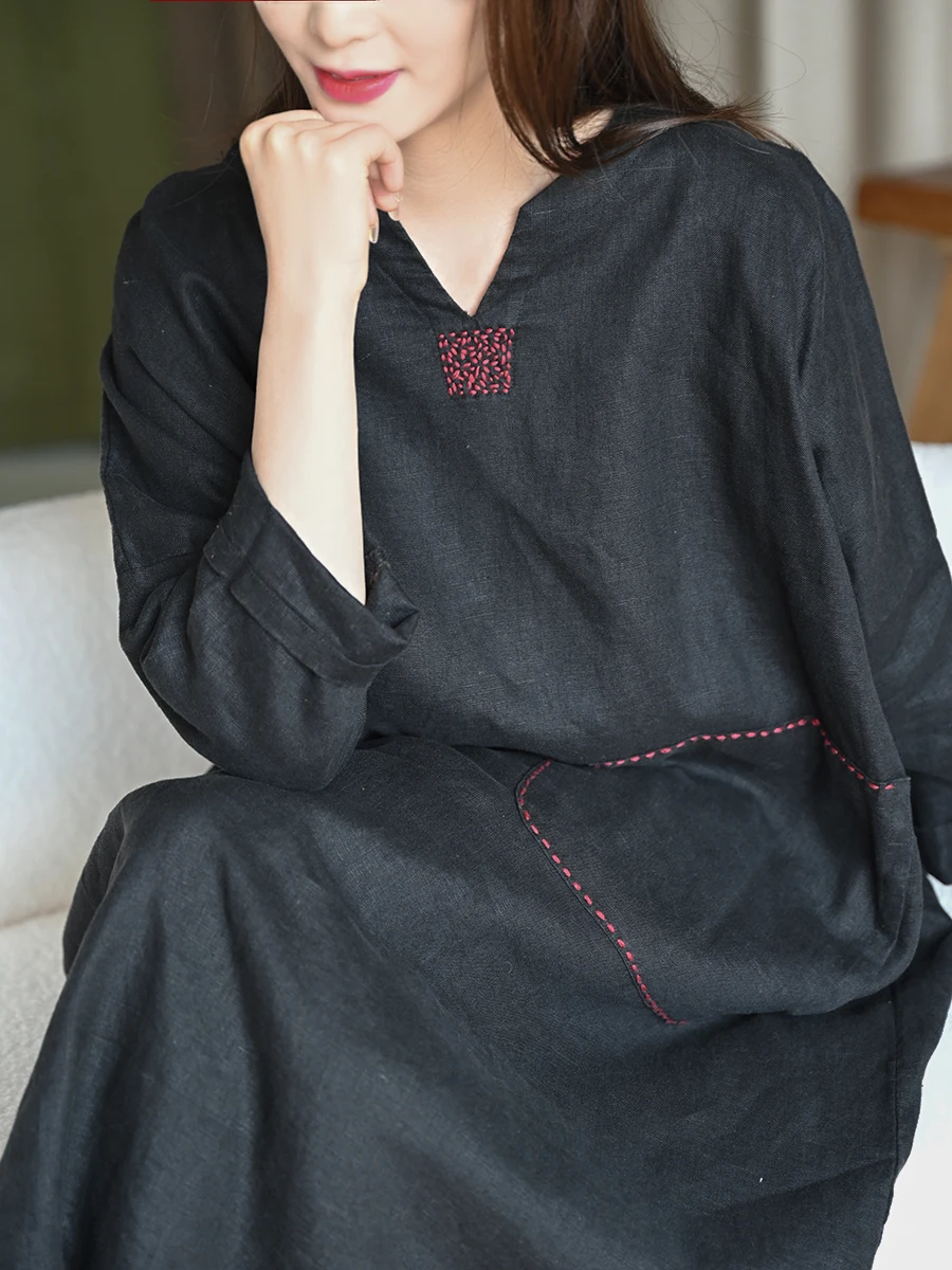 

Новое китайское этническое платье с ручной вышивкой из хлопка и льна для женщин, свободное, с длинными рукавами, миди-длина, простой дизайн, летнее