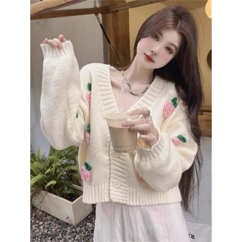 Spring and Autumn Fashion Women's Cardigan Soft Waxy Three-dimensional Rose Embroidery Flower Sweater Coat