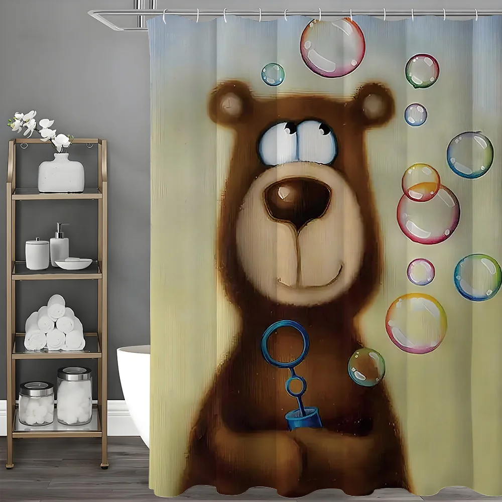 

Занавеска для душа с мультяшным медвежонком, выдувающая пузырьками, моющаяся, грязеотталкивающая насадка для душа, водонепроницаемая полиэстеровая занавеска для ванны