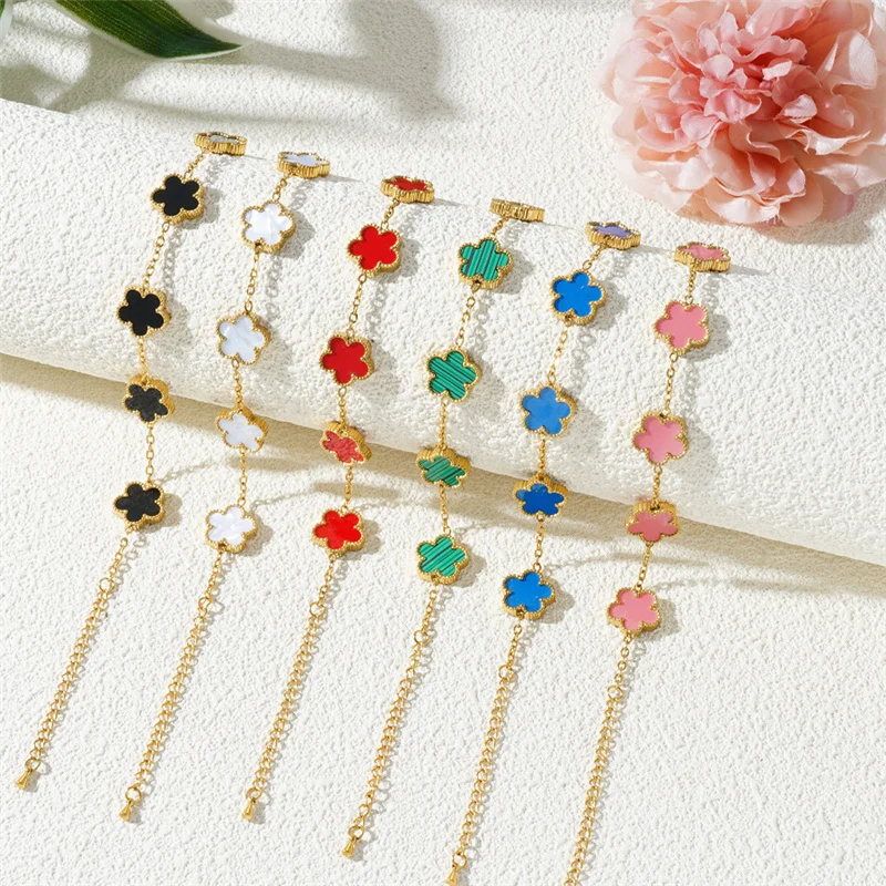 Stainless Steel Golden Toned Five- Leaf Clover Bracelets: Colorful Designs, Must - Have Accessories For Trendy Girls