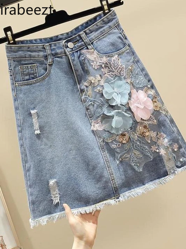 

2025 Summer Women's Embroidered Denim Skirt High Waist A-Line with Beads & Distressed Details Slim Fit Casual Mini Skirt