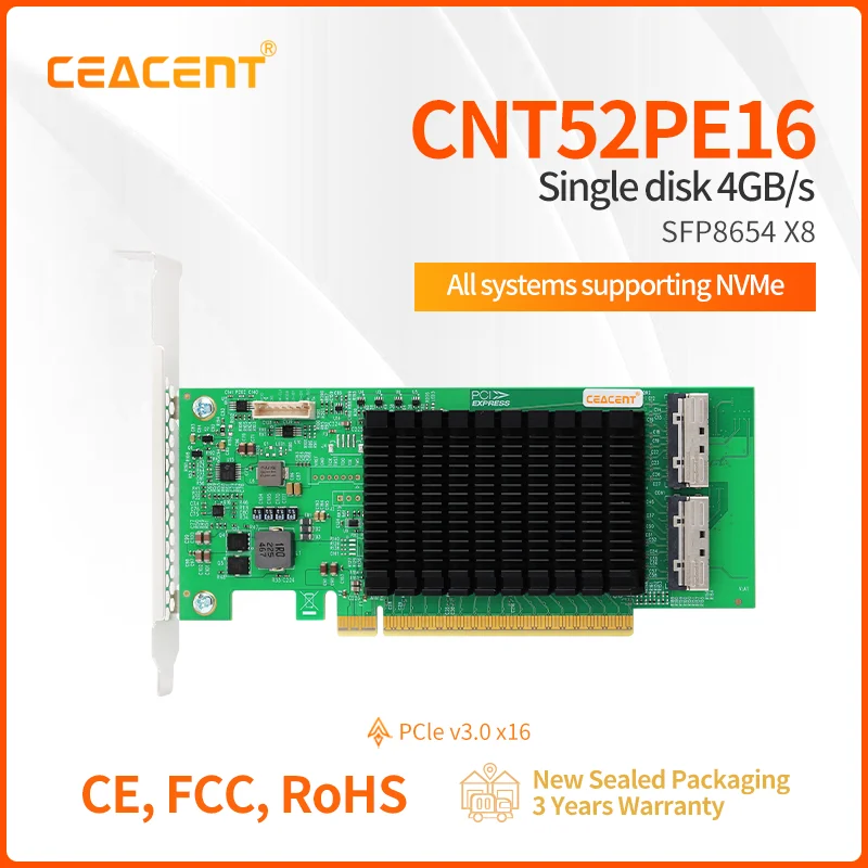 

CEACENT CNT52PE16 PCIe5.0 Retimer NVMe Adapter, Two x8 MCIO Connector, PCIe 5.0 x16 Enabled NVMe Gen5.0 SSD or PCIe 5.0 Device