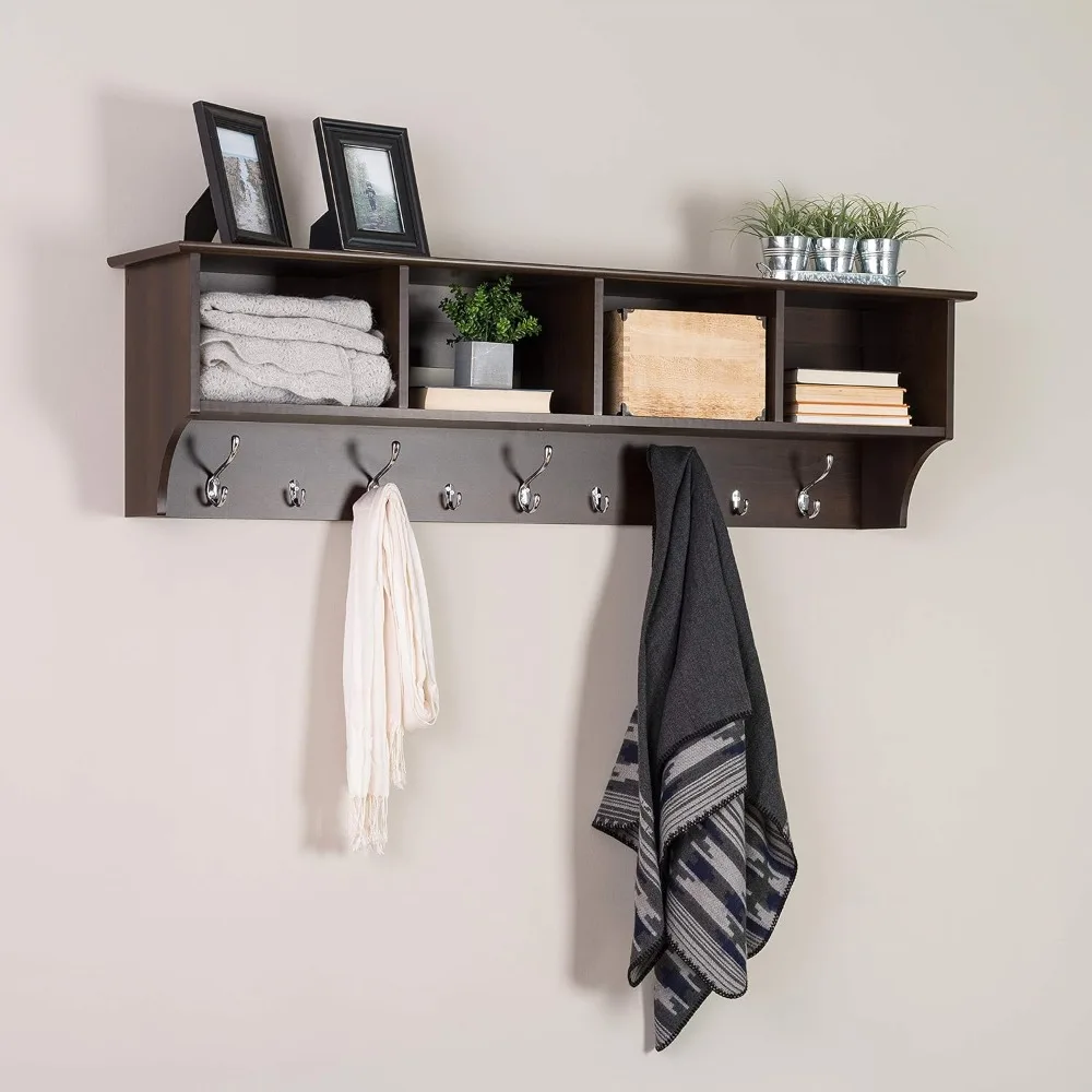 

60" Contemporary Wall Coat Rack, Coat Hooks Wall Mount w/4 Shelves, Equipped with multiple hooks, Ideal for Hallway or Entryway
