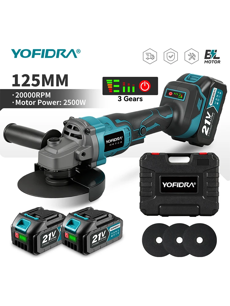 YOFIDRA 125 mm bürstenloser Winkelschleifer, 3 Gänge, kabellose Schleifmaschine, Schneiden, Holzbearbeitung, Elektrowerkzeug für Makita-Akku-Pin