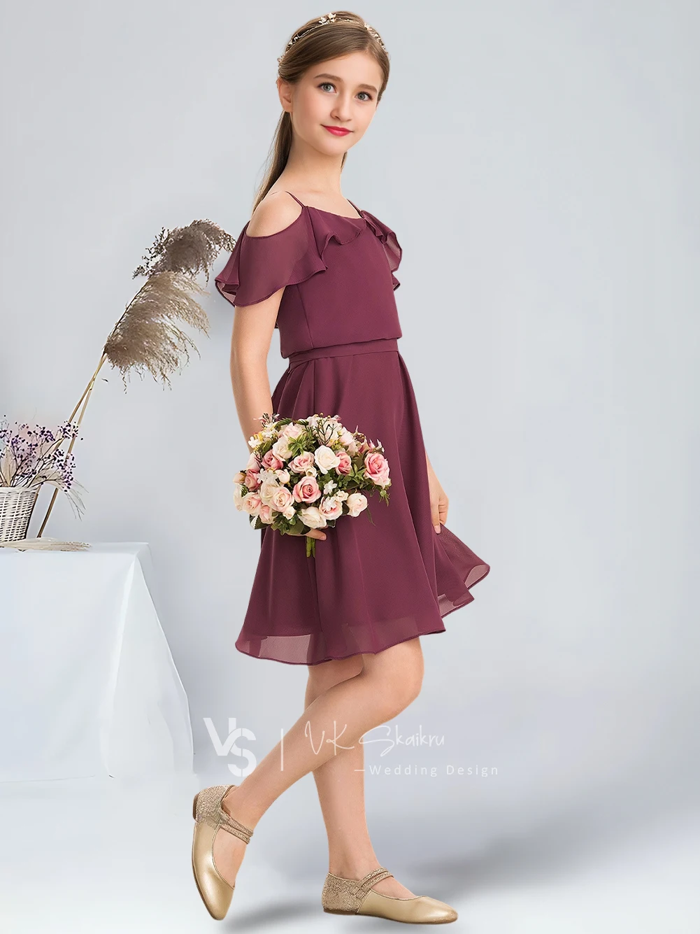 A-line Cold Shoulder Knee-Length Chiffon Junior Bridesmaid Dress With Bow Cascading Ruffles Mulberry Flower Girl Dress Wedding