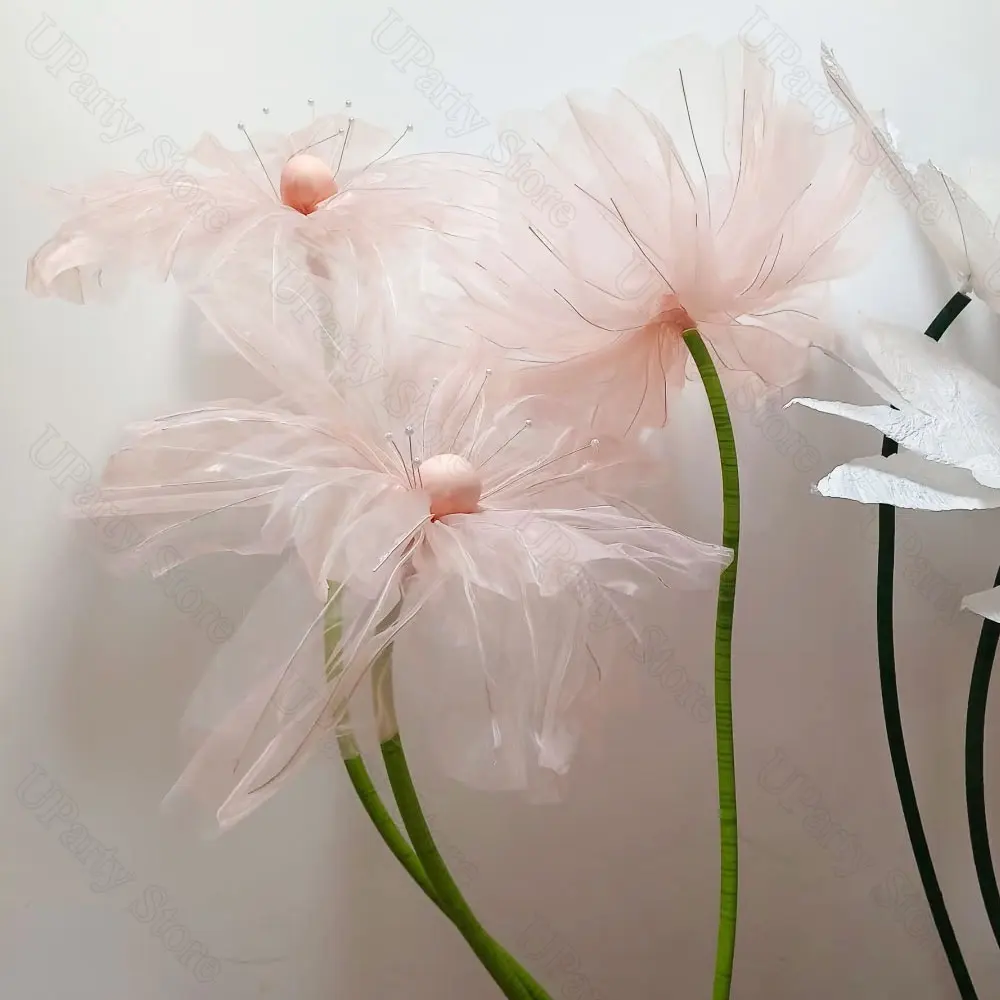 3Pcs/Set Giant Wedding Flowers Huge Gauze Artificial Flowers with Standing Base for Wedding Bridal Shower Engagement Party Decor