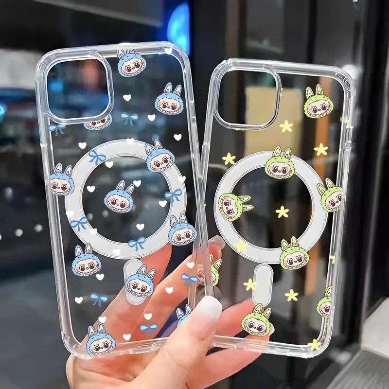 Full Screen Little avatar Labubu Magnetic Phone Case For iPhone 16 14 15ProMax 11 12 13Pro Mini Plus Transparent Anti Drop Cover