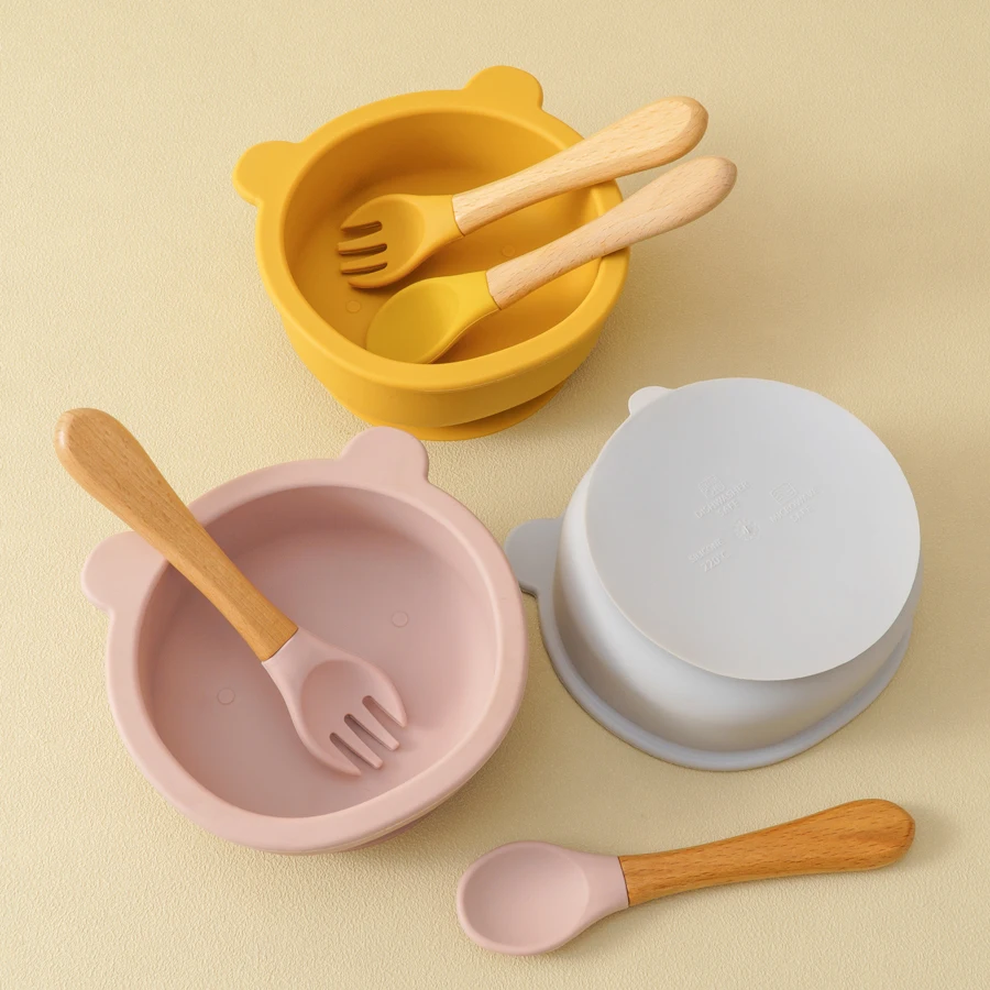 3PCS Baby Silicone Tableware Wooden Handle Spoon Fork Feeding Sucker Bowl Training Learning Baby Stuff Non-Slip Baby Dinner Set