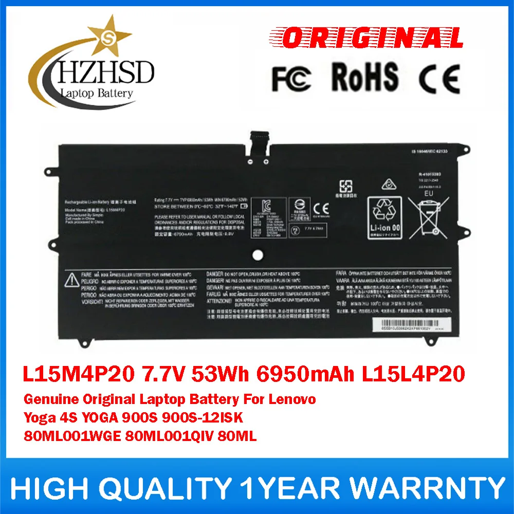 

L15M4P20 7.7V 53Wh 6950mAh L15L4P20 Genuine Original Laptop Battery For Lenovo Yoga4S YOGA 900S 900S-12ISK 80ML001WGE 80ML001QIV