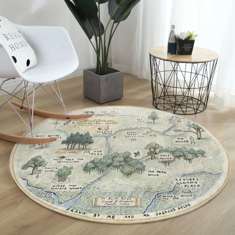 Forest Pointing Map Woodland Round Rug Pooh Floor Carpet Forest Non Slip Circle Rugs Cartoon Mat Area Green Rug for Living Room