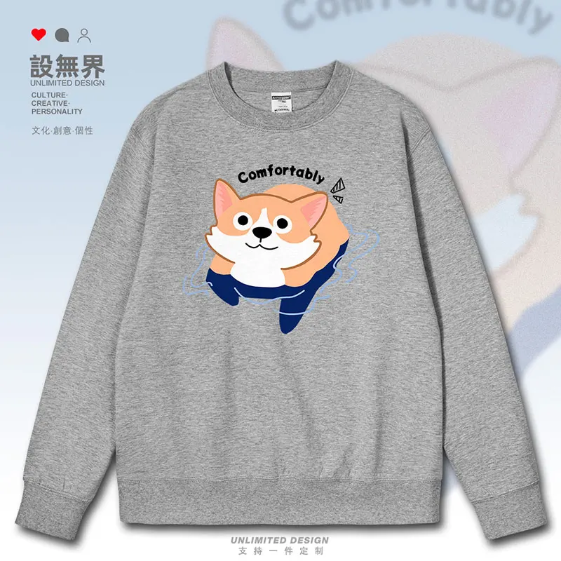 Original online celebrity pet dog corgi Q Cute swimming fun illustration mens hoodies for men casual men autumn winter clothes