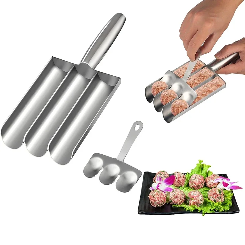 

LMETJMA Stainless Steel Meatball Maker Kitchen Meatball Scoop Ball Maker Triple Fishball Meatball Shrimp Ball Maker Tool JT246