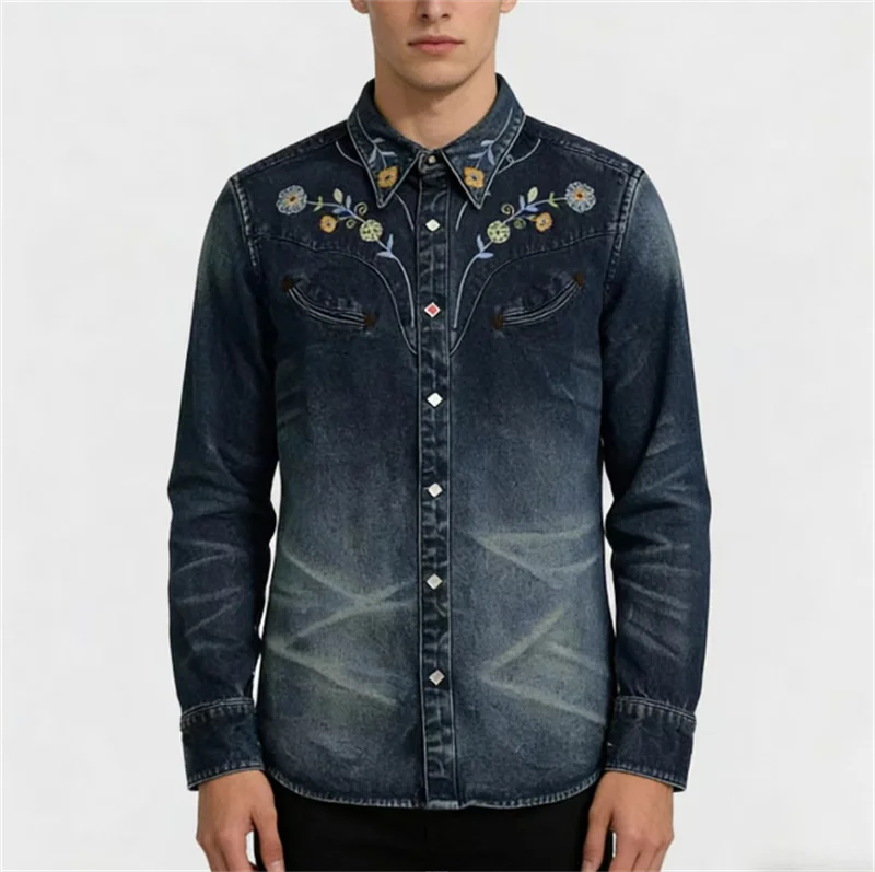 

Винтажная американская синяя джинсовая рубашка с вышивкой, из плотного хлопка, с длинными рукавами, устойчивая к деформации