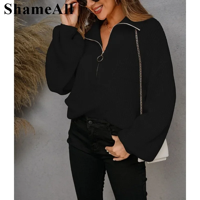 Frauen Roll kragen Rippe Strick oberteile Pullover Pullover Stehkragen halber Reiß verschluss Pullover Turn-Down-Kragen Damen Strickwaren