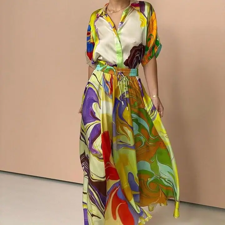 Modieuze zomer zijde bedrukte damesset jurk losse korte mouwen shirt top + rok taille 2-delige sets elegant damespak