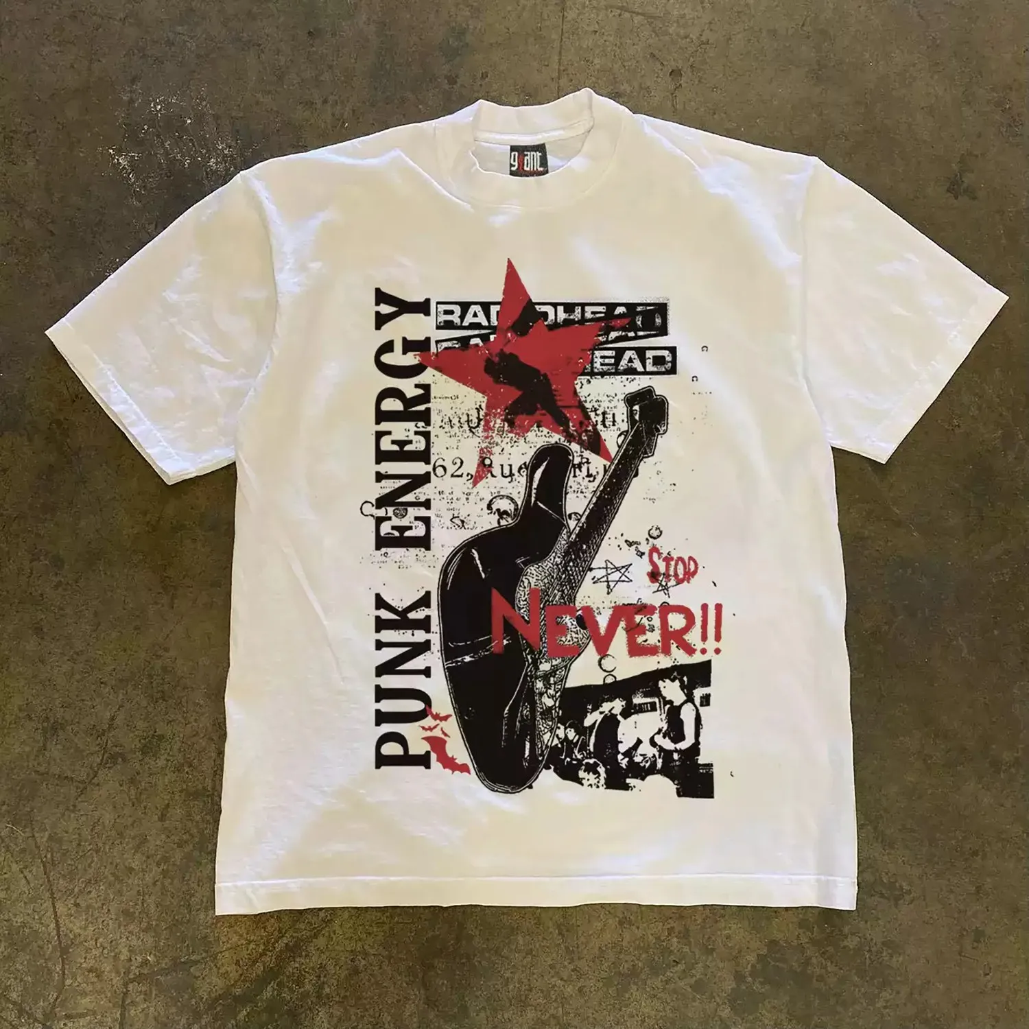 Men Vintage Punk Energy Graphic T-Shirt, Retro Guitar Red Star Collage Distressed Print Crew Neck Loose Fit Streetwear Cotton Short Sleeve Tee.