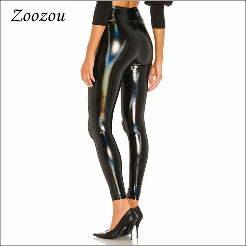 Warm PU Latex Leggings for Women High Waist Skinny Trousers Sexy Bodycon Black Slim Leather Pencil Pants Custom Wool