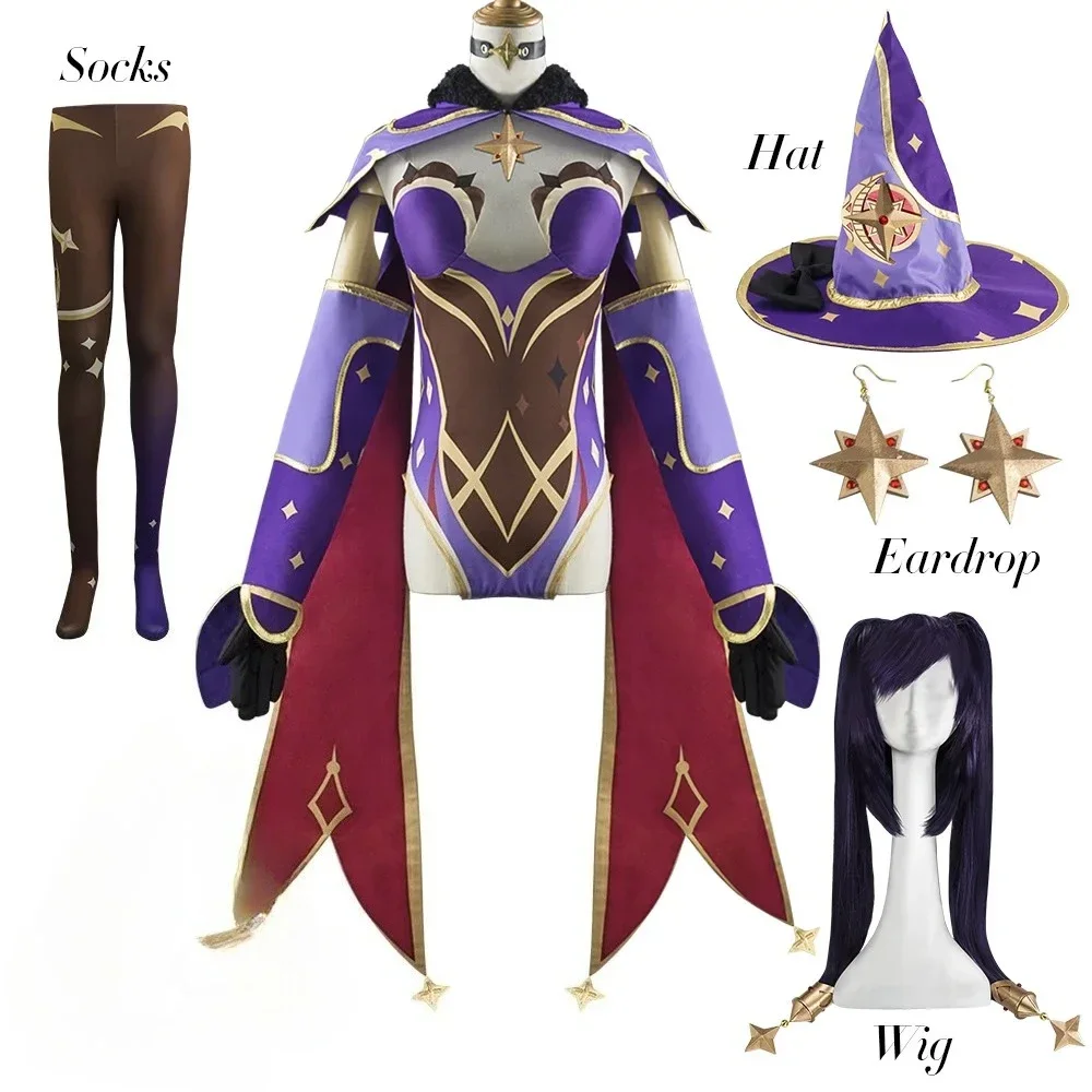 

Genshin Impact Mona Cosplay Game Purple Suit Girl Costume Anime Game Stage Performance Wig Halloween Party Dress
