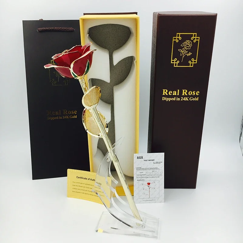 

24K Gold Roses Plated Real Red Rose Birthday Valentine'S Day Anniversary Gift With Souvenir Bag For Girdfriend and Mother's Gift