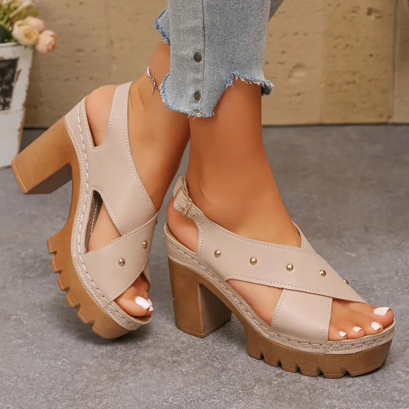 Vintage Super High Heel Cross Strap Gladiator Sandals Women Summer 2026 Metal Rivet Designer Ankle Strap Sandals Woman's Shoes view 4
