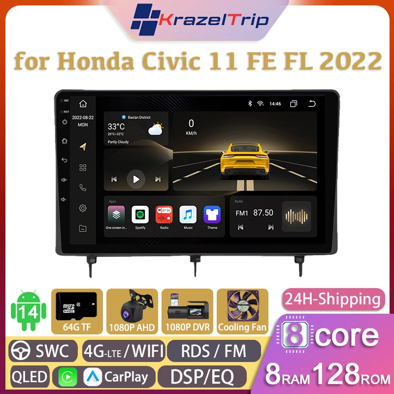 

8 Core QLED 4G DSP RDS Car Radio for Honda Civic 11 FE FL 2022 Carplay Android Auto Stereo GPS 2 DIN Autoradio Bluetooth FM AM